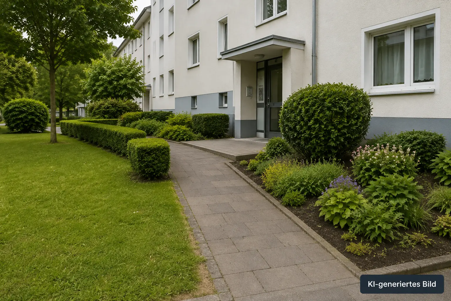 Gepflegte Außenanlage mit Rasen, Pflanzbeeten und sauberem Zugangsweg – KI-generiertes Bild