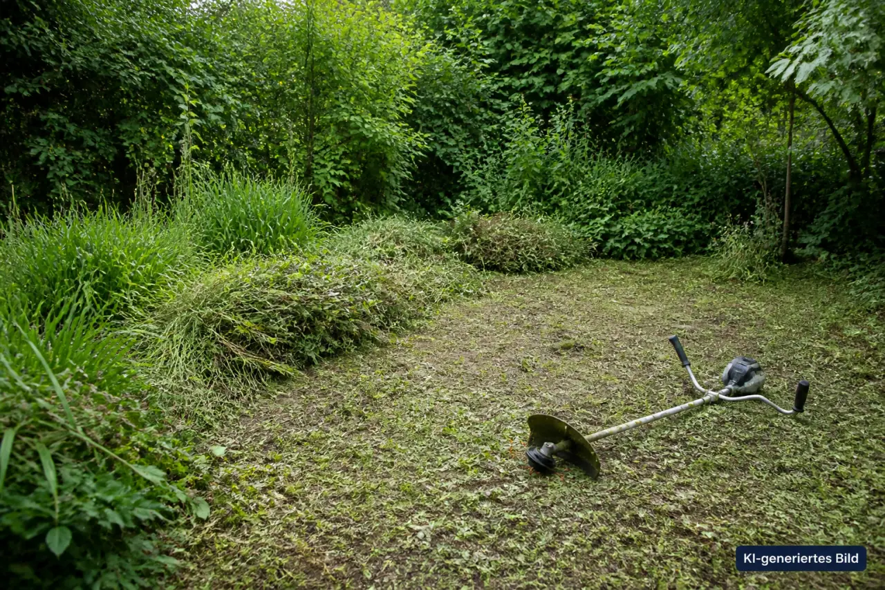 Teilweise freigeschnittener Gartenbereich mit gesammeltem Schnittgut und abgelegtem Freischneider – KI-generiertes Bild