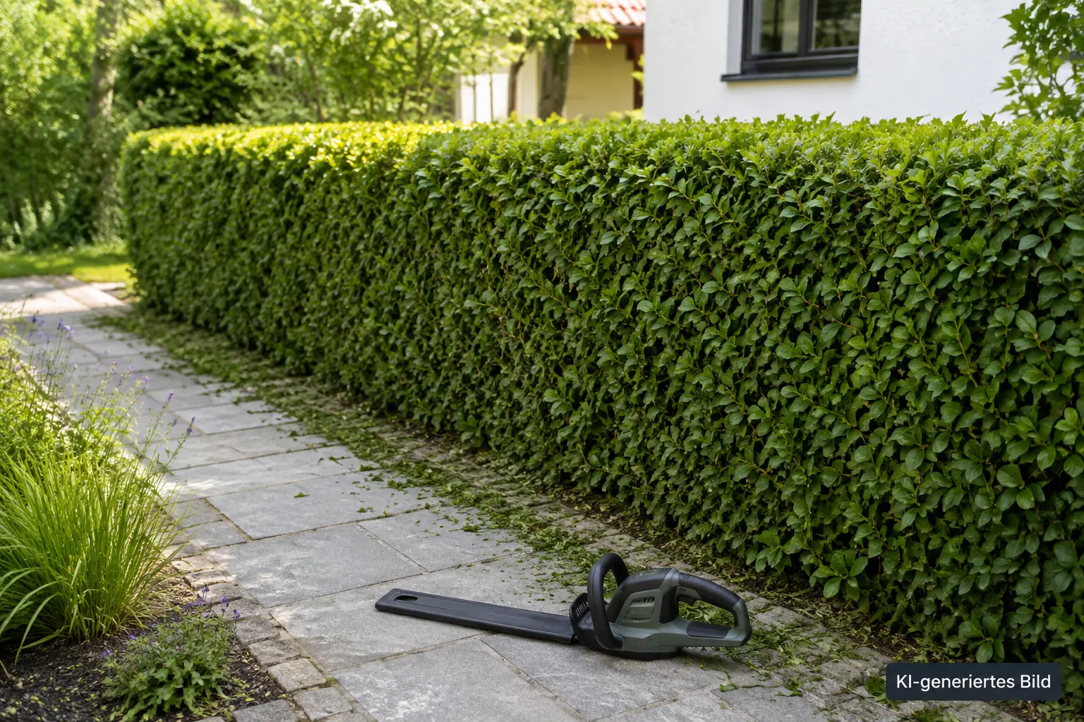Sauber geschnittene Hecke am Steinweg mit abgelegter Heckenschere und Schneidenschutz – KI-generiertes Bild