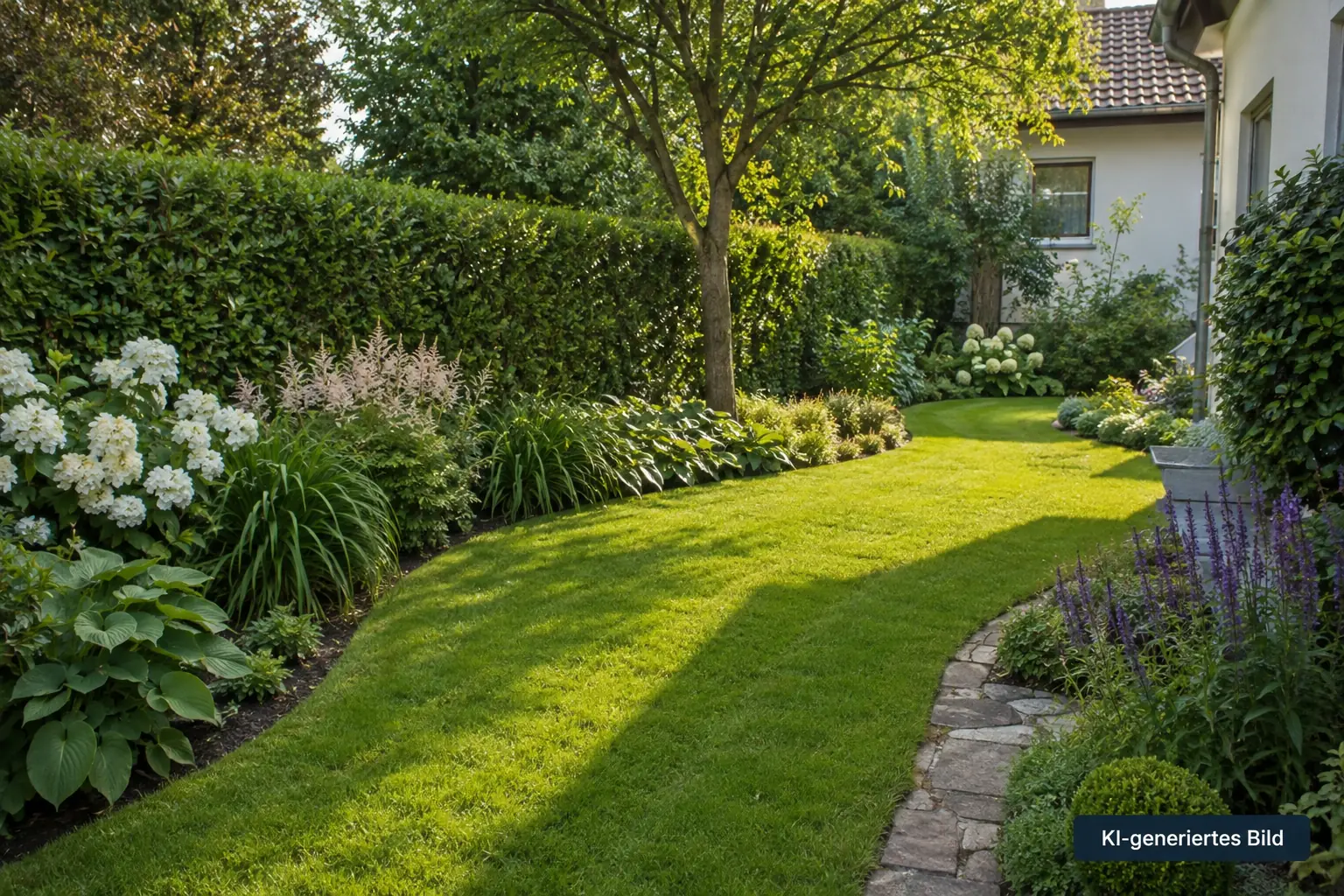 Gepflegter Garten mit Rasen, Staudenbeeten und Steinweg – KI-generiertes Bild