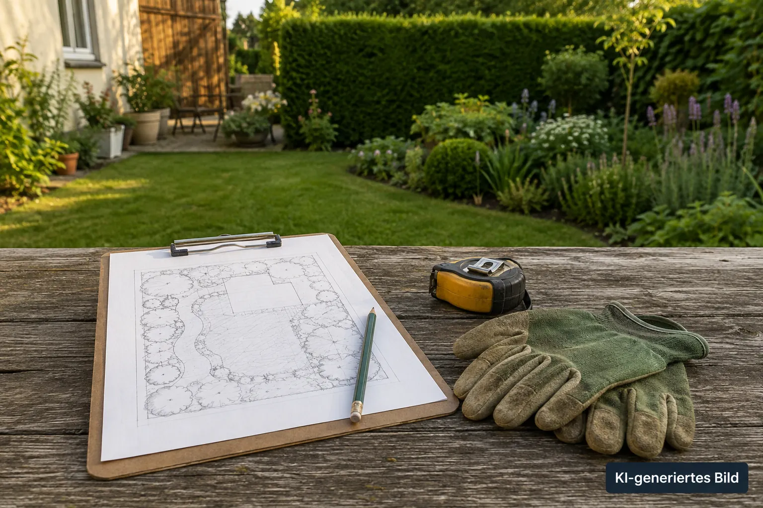 Gartenplan, Maßband und Arbeitshandschuhe auf einem Holztisch im Garten – KI-generiertes Bild