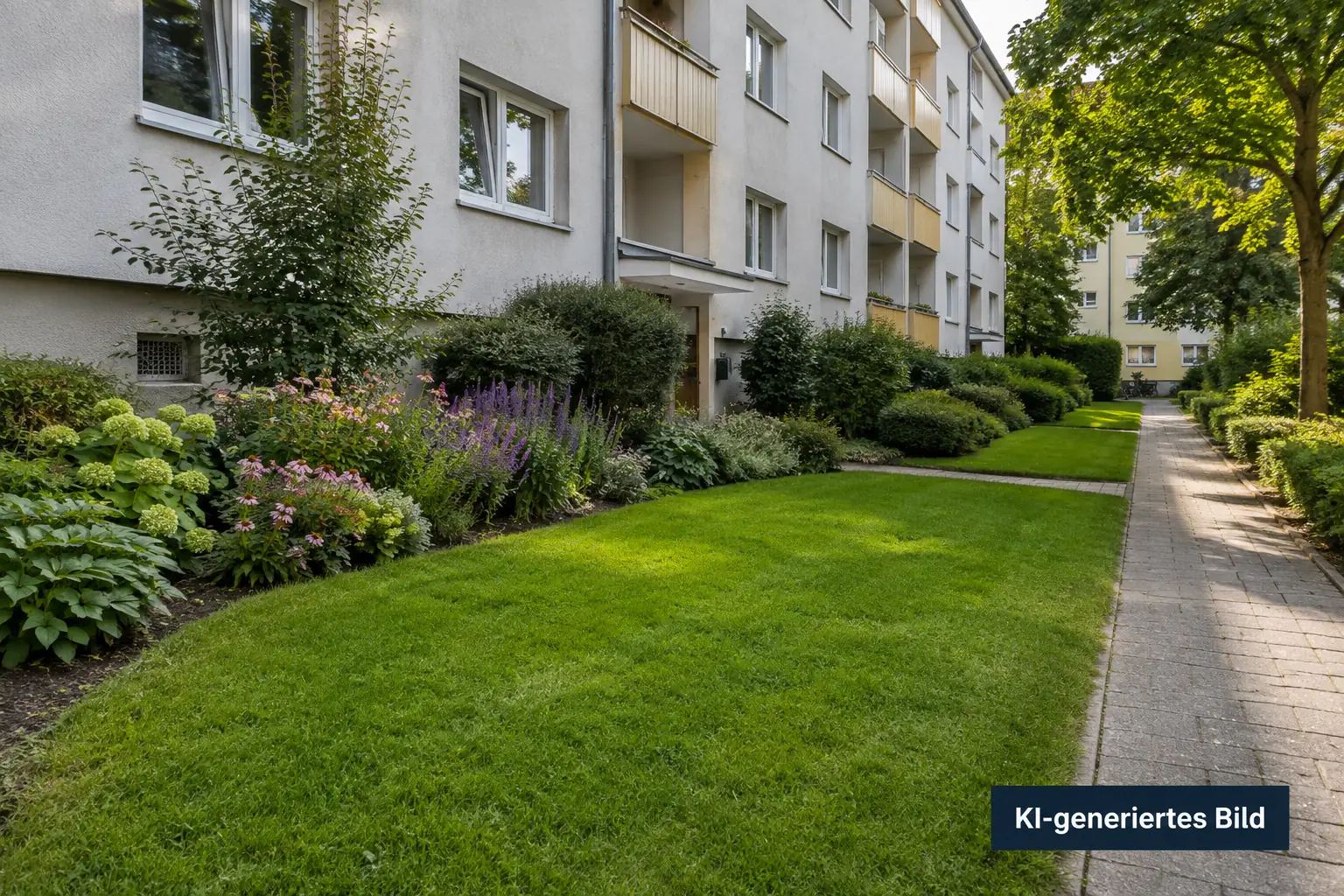 Gepflegte Grünanlage mit Rasen, Staudenbeet und Pflasterweg an einem Mehrfamilienhaus – KI-generiertes Bild