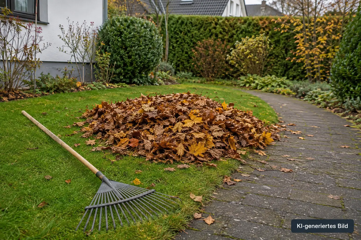 Laubrechen neben gesammeltem Herbstlaub auf einer Rasenfläche – KI-generiertes Bild