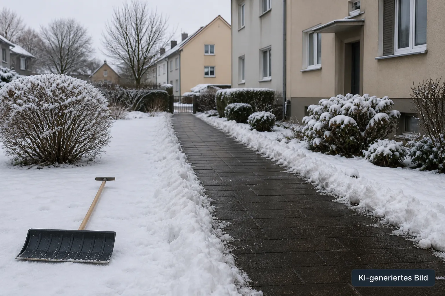 Geräumter Gehweg zwischen Schneerändern mit seitlich abgelegtem Schneeschieber – KI-generiertes Bild